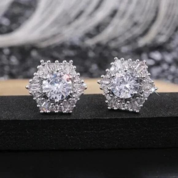 DIAMOND 925 STERLING SILVER HEXAGON EARRINGS, BEAUTIFUL EARRINGS, CUTE EARRINGS - Picture 2 of 5